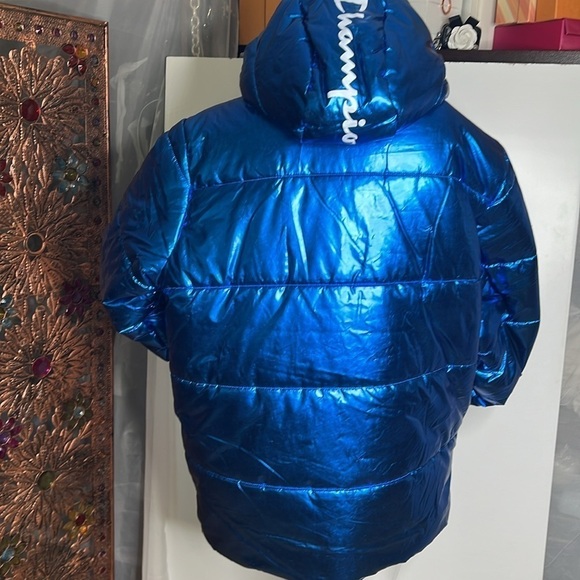Champion Sz L NASA USA Metallic Blue Hooded Puffer Jacket Limited Edition - Picture 5 of 15